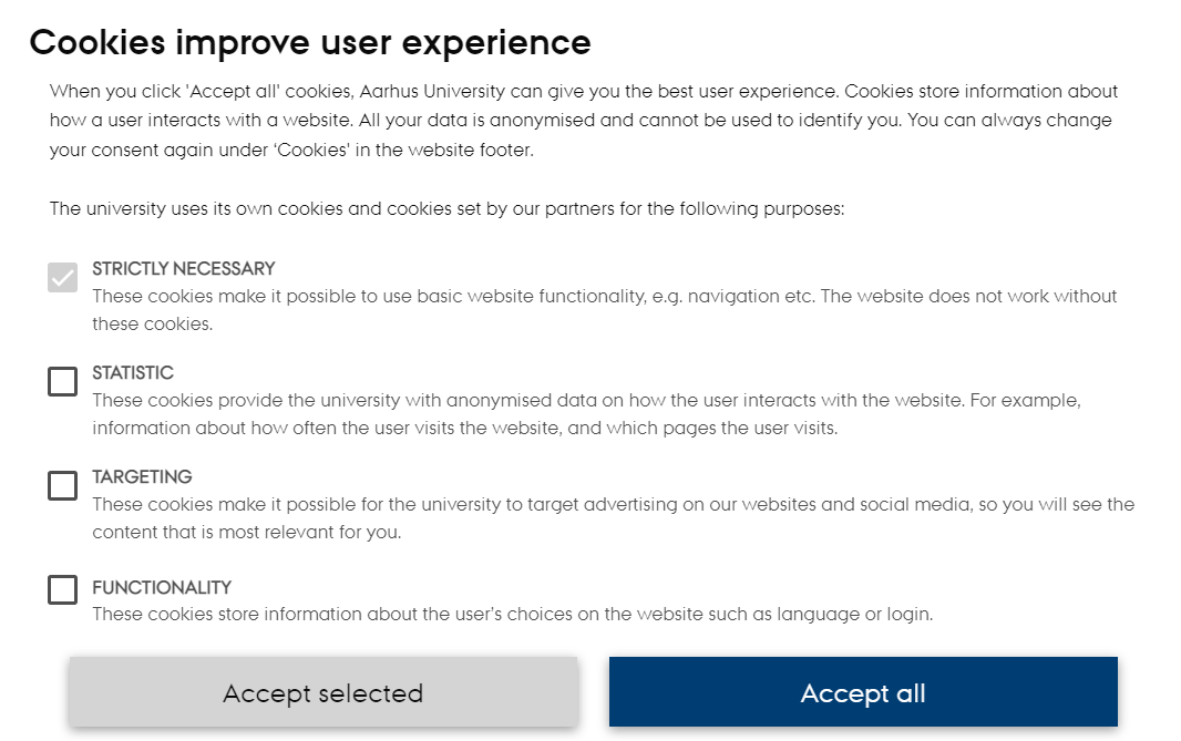When you click 'Accept all' cookies, Aarhus University can give you the best user experience.