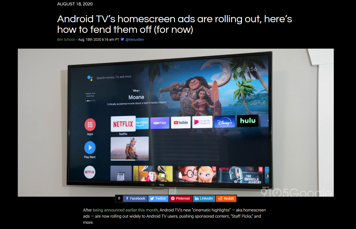 A screenshot from 9to5google's article. A television shows a main menu for choosing channels and apps. The upper third of the screen is occupied by an ad for the film Moana.