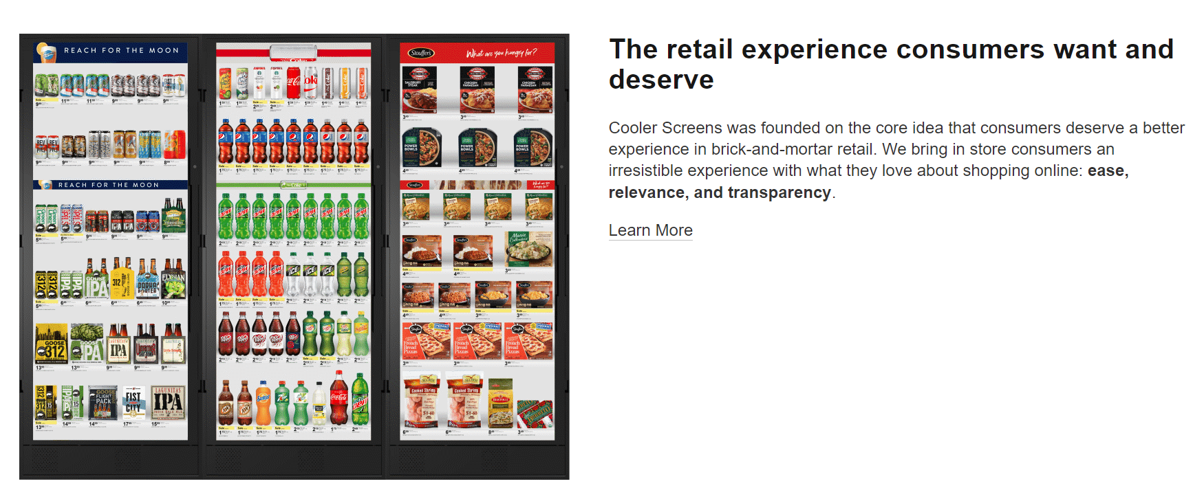 A screenshot of coolerscreens.com. A retail store refridgerator is shown with a large screen occupying the whole front of each refridgerator door. The screen shows idealized photos of products that are presumably inside the refridgerator. Some of the screens have banner ads at the top highlighting particular brands.