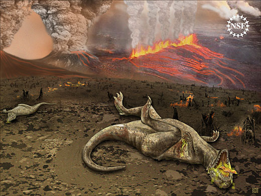A colorful illustration from the National Science Foundation shows a dead dinosaur lying on its back, its mouth open and foaming green. The land is burnt and trees are reduced to charcoal. In the distance, multiple active volcanoes spew smoke, fire, and lava.
