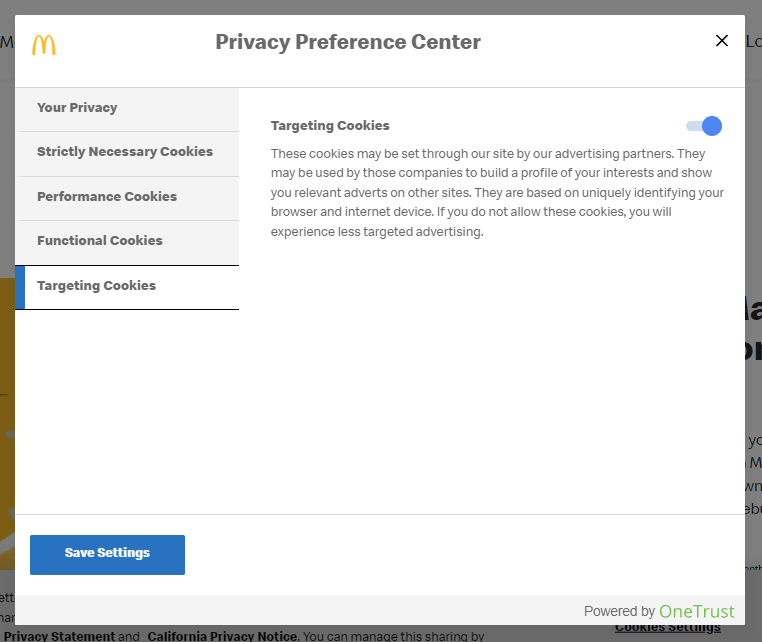 Screenshot from mcdonalds.com shows their "Privacy Preference Center" with settings for targeting cookies. Targeting cookies are enabled by default. The dialog reads "These cookies may be set through our site by our advertising partners. They may be used by those companies to build a profile of your interests and show you relevant adverts on other sites. They are based on uniquely identifying your browser and internet device. If you do not allow these cookies, you will experience less targeted advertising".