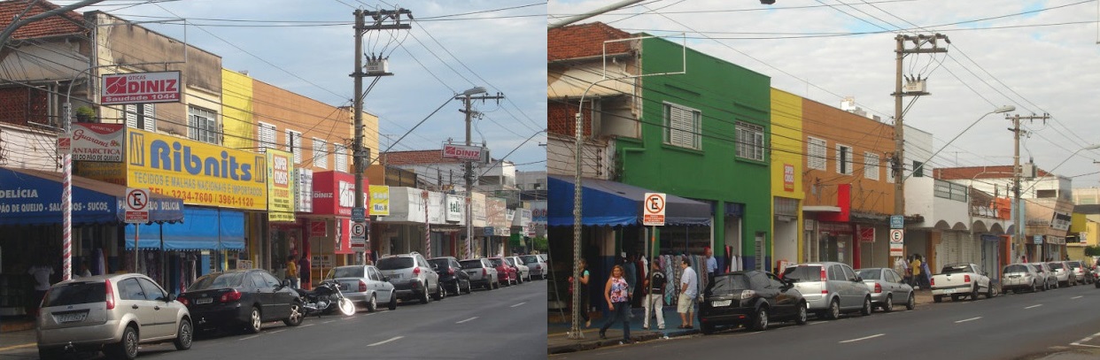 A before-and-after comparison of several two-story shops on a street. In the before photo, the buildings have advertising, branding, and signage on their facades and canopies. In the after photo, the advertisements are gone, the signs are smaller, and one building has been freshly painted a deep green.