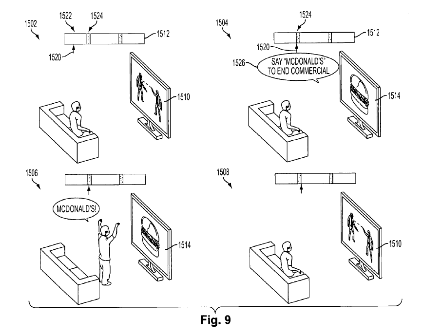 Figure 9 from Sony's patent shows a man on a couch watching a tv show. An advertisement of a burger appears, and reads "say mcdonalds to end commercial". The man stands up, raises his hands into the air, and exclaims "mcdonalds!". He sits back down and the show resumes.