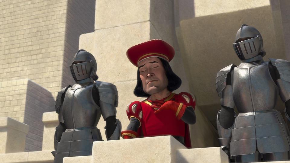 A still frame from the film Shrek shows Farquad concluding his grand speech. This is the scene where he says "some of you may die, but that is a sacrifice I am willing to make."