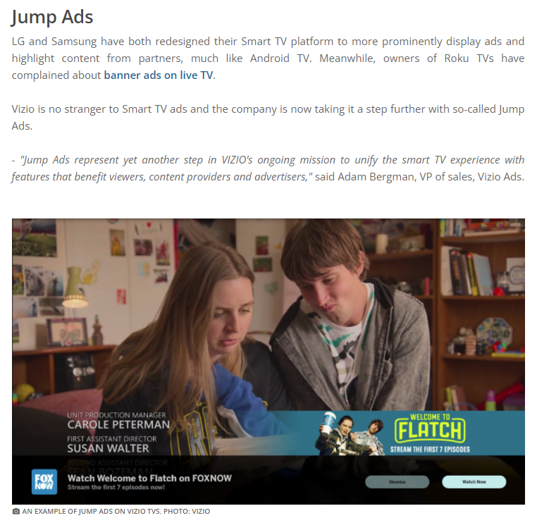 A screenshot of flatpanelhd's article showing so-called Jump Ads, a banner advertisement superimposed over a television show.